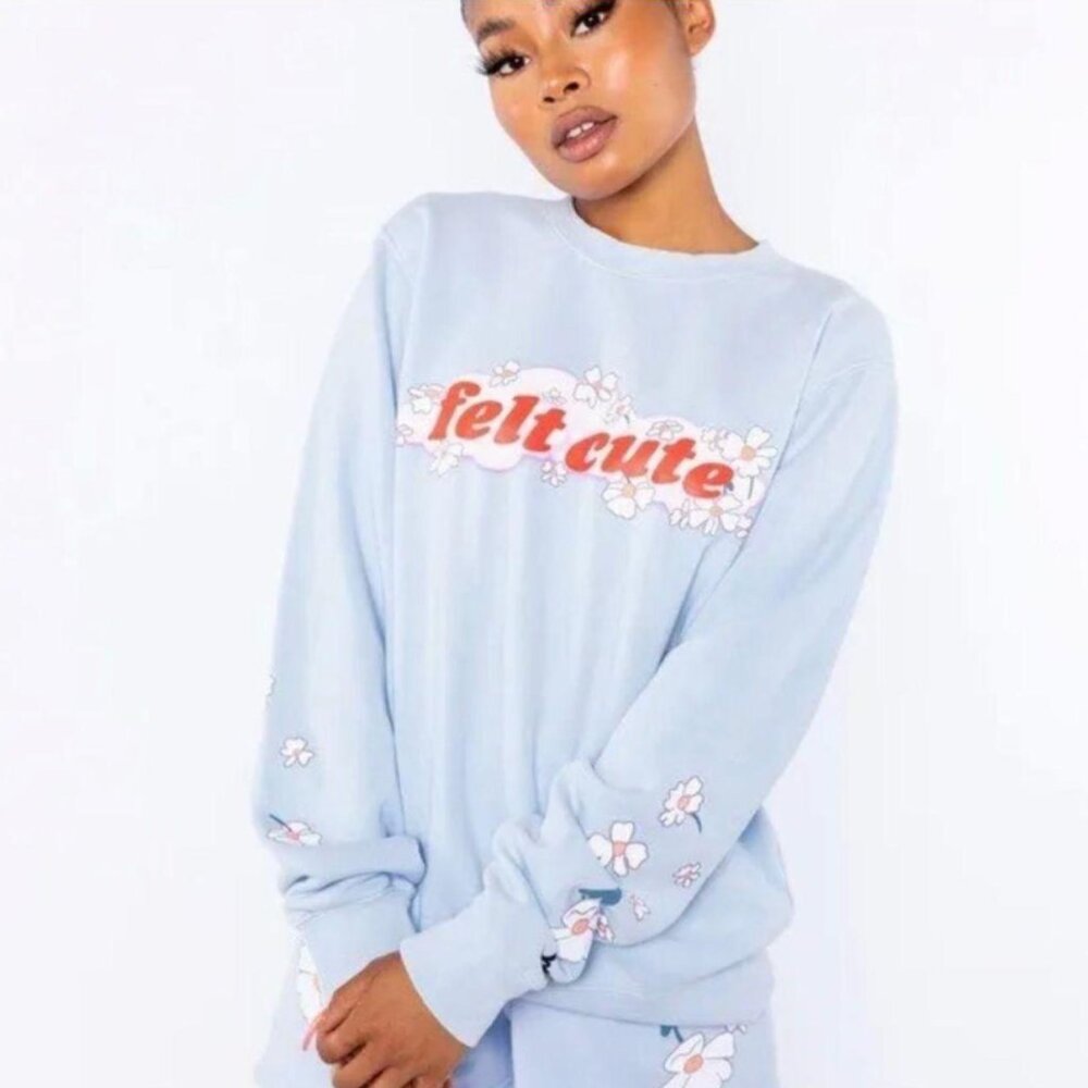 REVOLVE By Samii Ryan Felt Cute Light Blue Crewneck Sweatshirt Size M